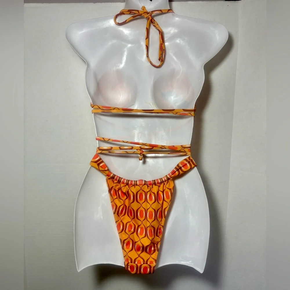 ZARA Pumpkin Inverted Bikini Set with Criss-Cross Straps and Thong Bottom - Picture 9 of 13